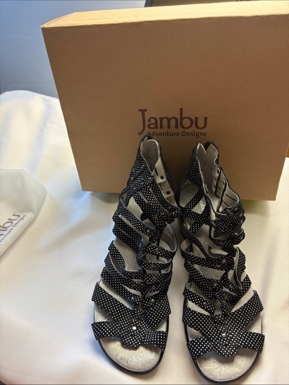 Jambu Black Polka Dot Strappy Gladiator Sandals size 8
